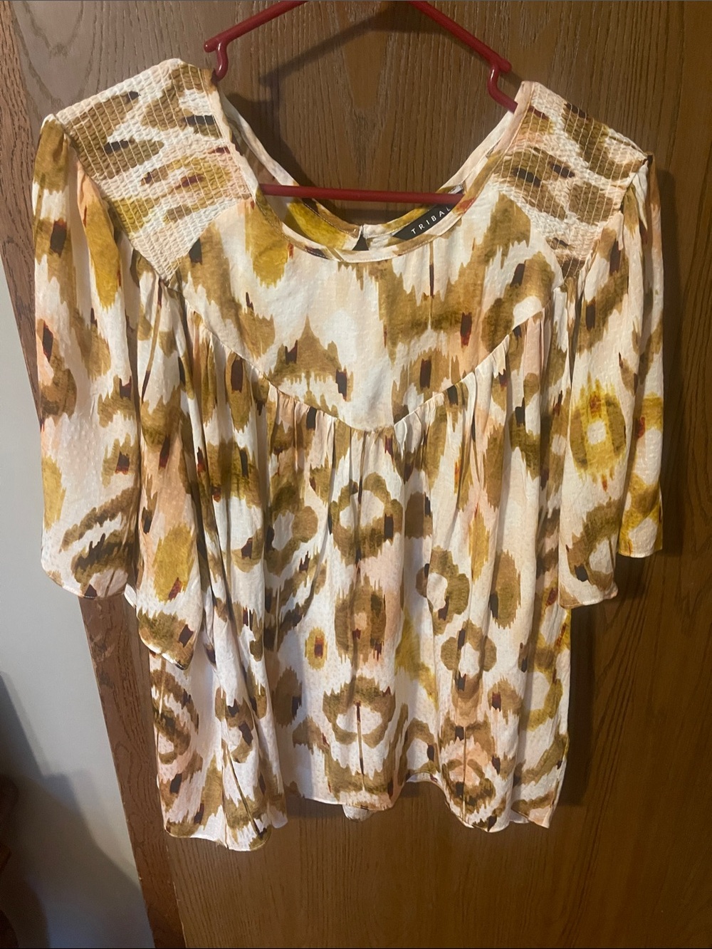 NWT - Tribal Printed Peasant Blouse in White, Mustard and Tan